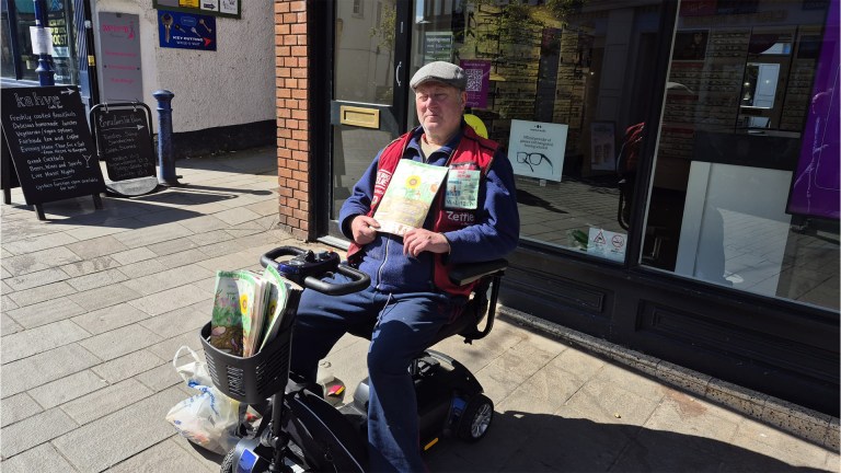 Big Issue vendor Hamish Scott, Vision Express or Boots, Abergavenny