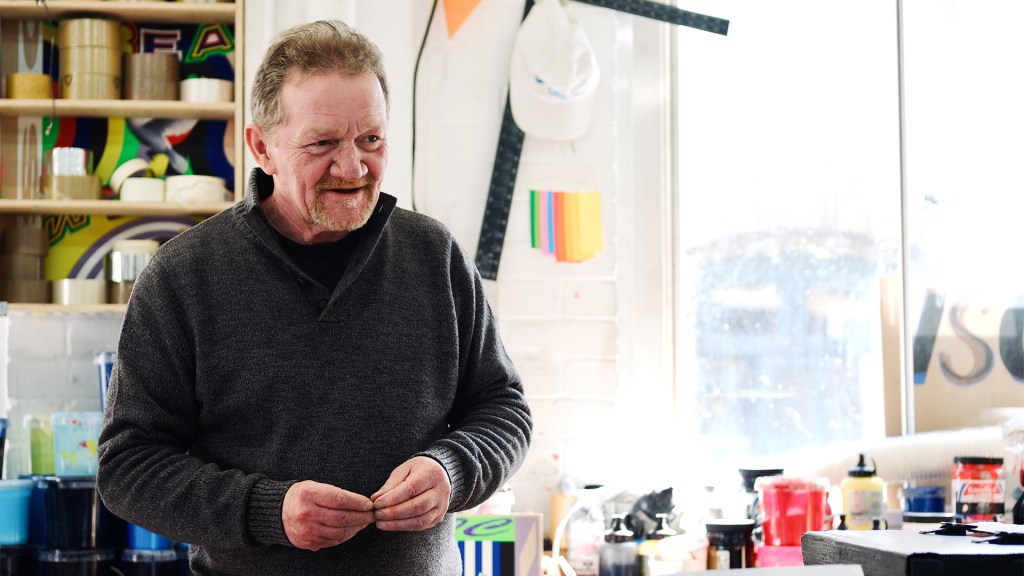 Big Issue vendor Dave Martin in an artists' studio