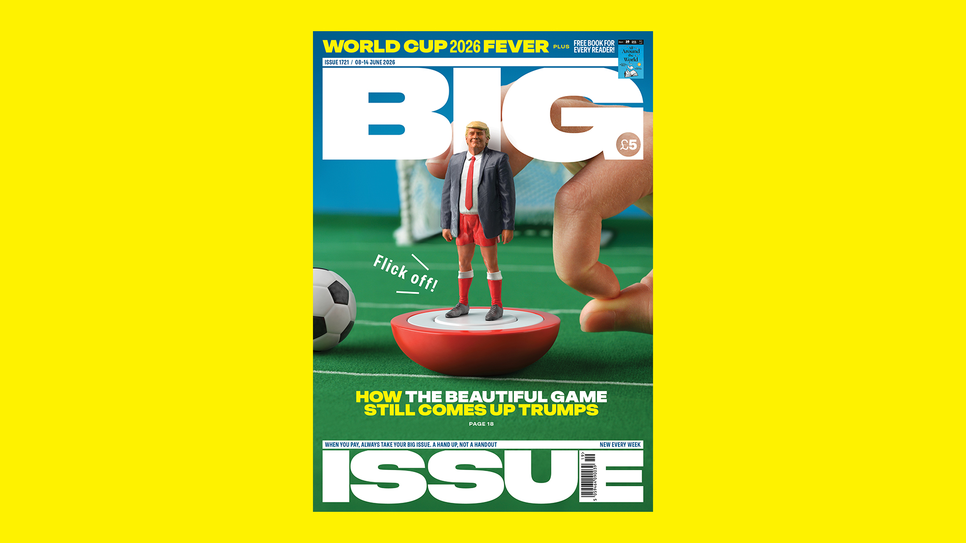 Big Issue cover 1721. Flick Off with Donald Trump as a Subbuteo player