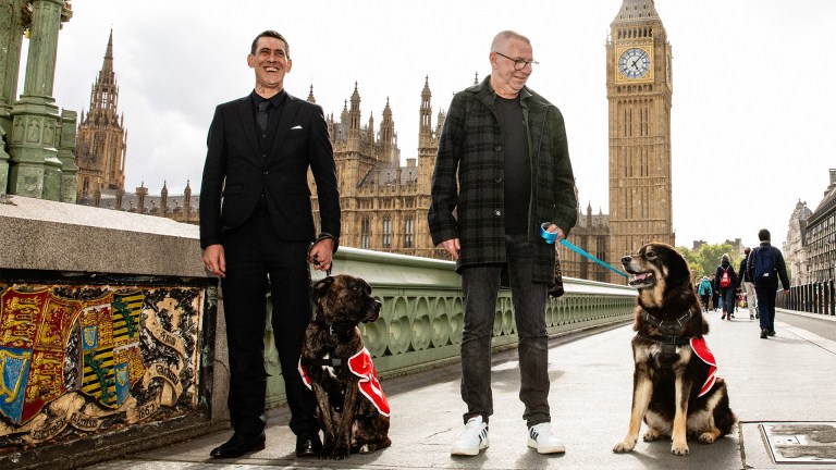 Big Issue vendors Andy Sanguy and Ian Duff with their dogs Lucky Charm and Trigger