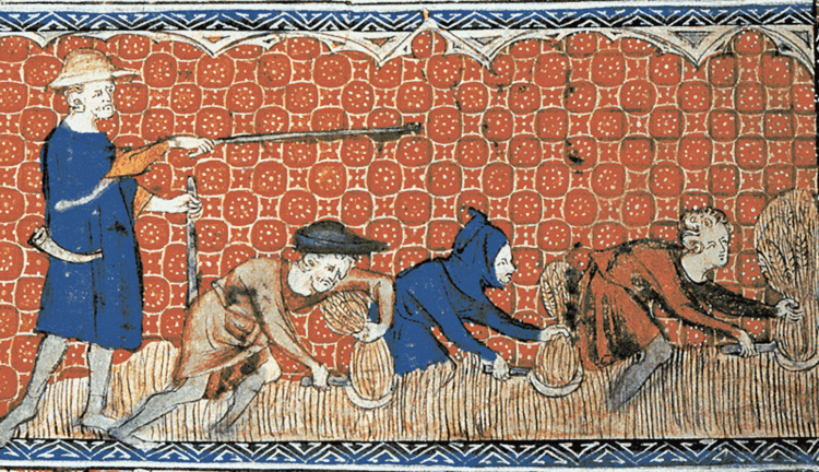 Agricultural land in England was enclosed as early as the 13th century. This is a Medieval illustration of men harvesting wheat