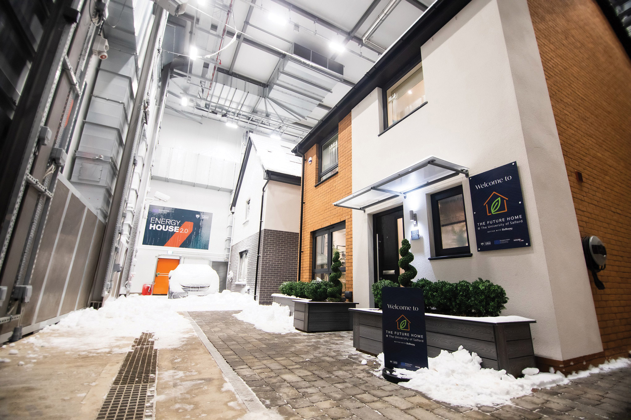 A home with snow on the ground in Energy House 2.0