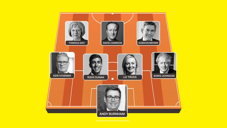 Andy Burnham and his prime minister predecessors on a mock football pitch