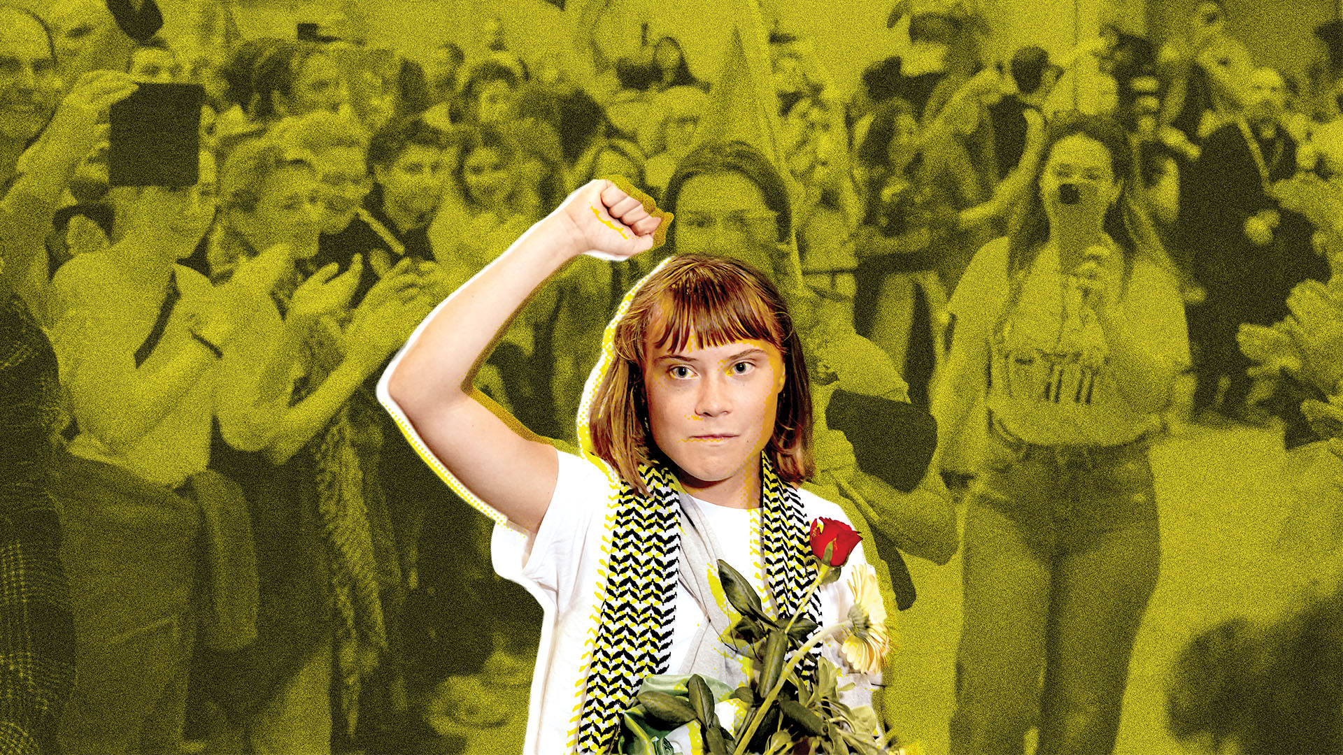 Greta Thunberg raising a fist in protest