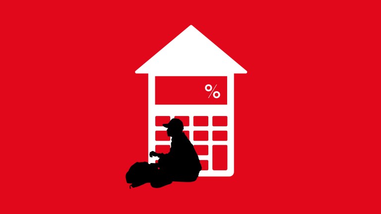 The silhouette of a homeless person sat in front of a house illustrated as a calculator