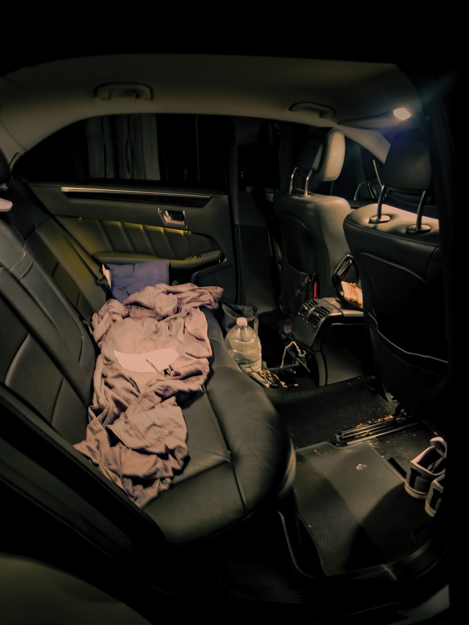 a sleeping spot on the back seat of a car