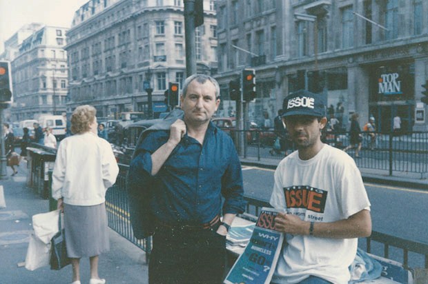 Big Issue founder John Bird with a vendor in London