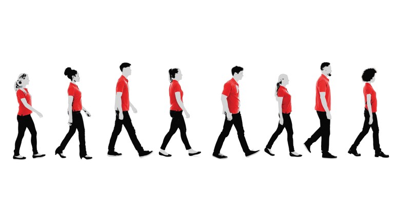 An illystration of people walking in a line to illustrate modern slavery
