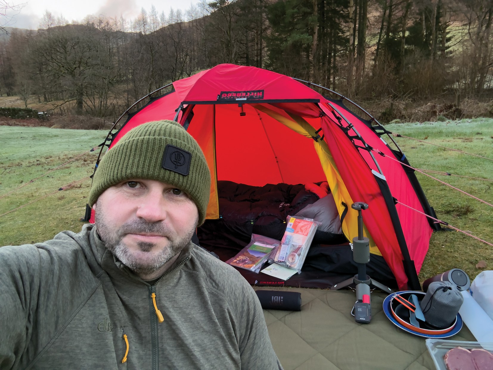 Rick Clement with his tent in the UK countryside