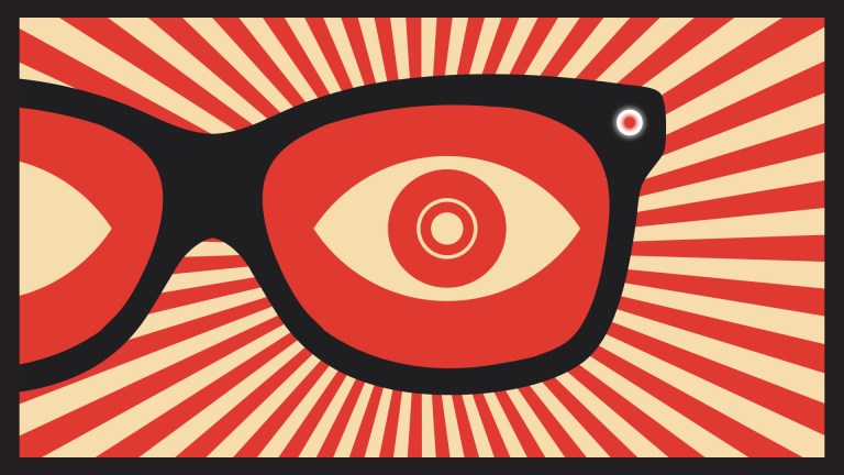 An illustration of smart glasses in Orwellian style