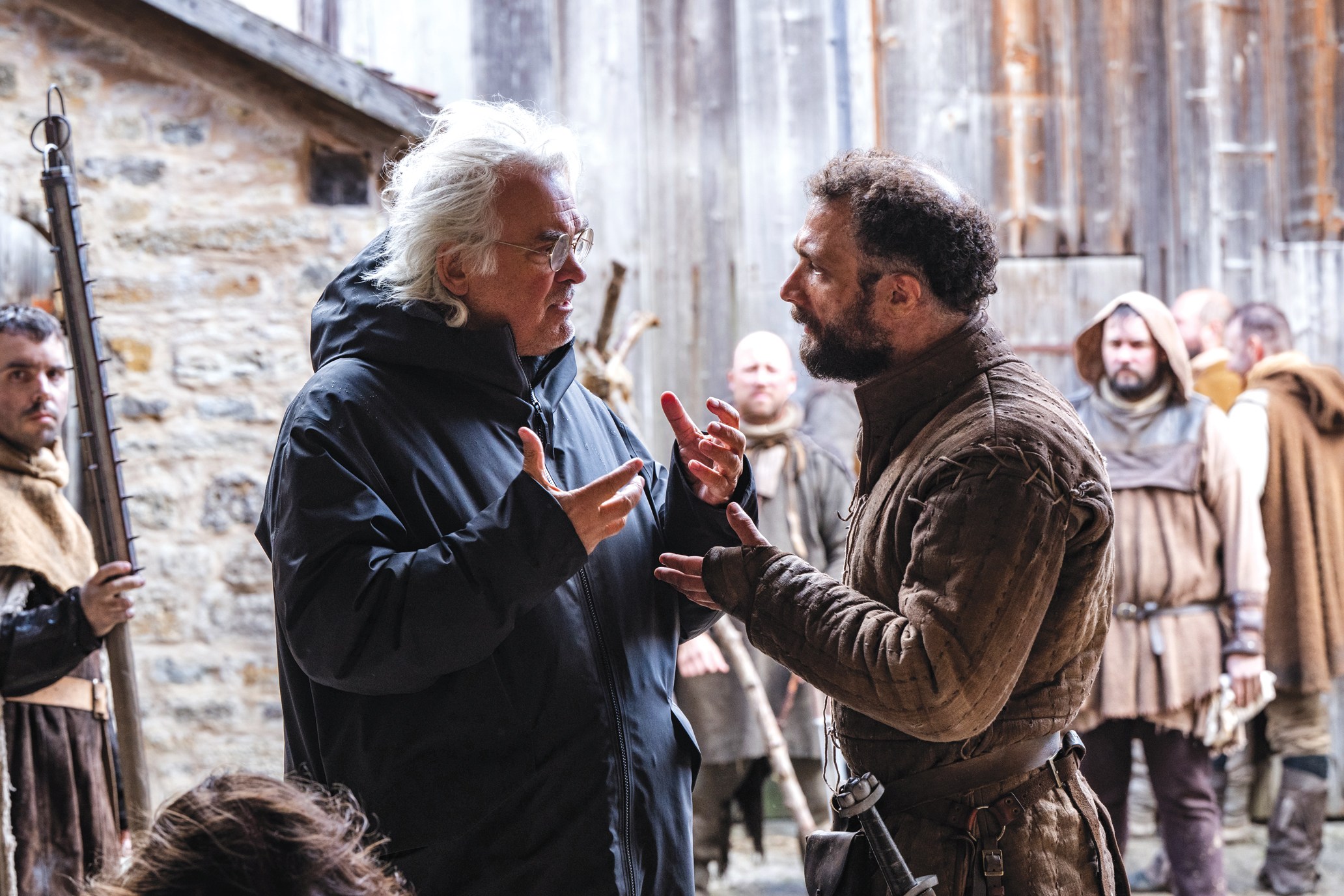 Director Paul Greengrass with Cosmo Jarvis (Wat Tyler) during the making of The Uprising
