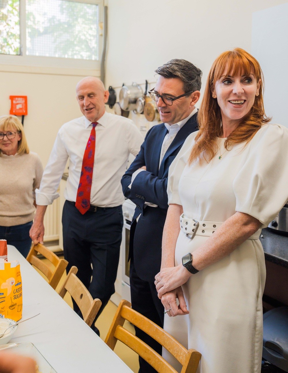 John Healey, Andy Burnham and Angela Rayner in the kitchen at Independence Initiative