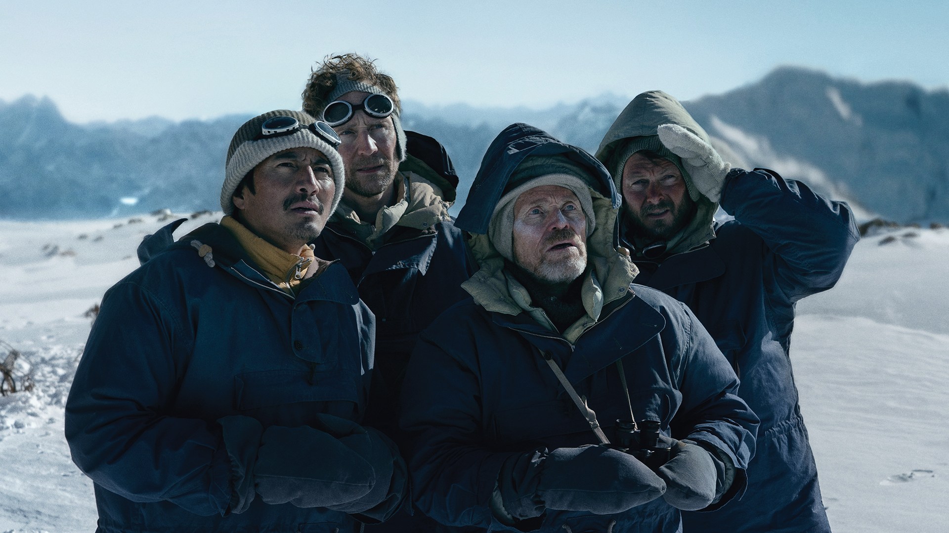 Genden Phuntsok, Tom Hiddleston, Willem Dafoe and Benjamin Hoetjes in Tenzing