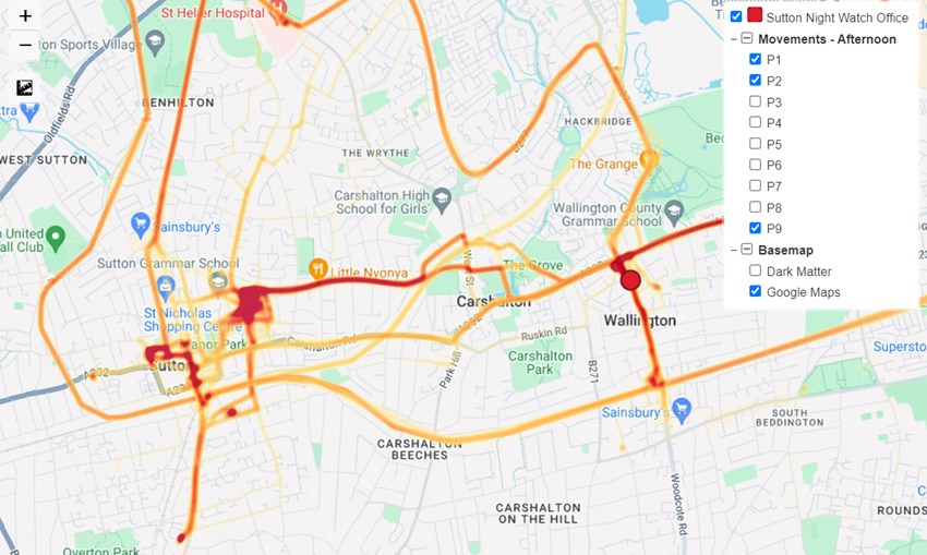 A Google Map showing a heat map tracking homelessness in the Sutton area of London