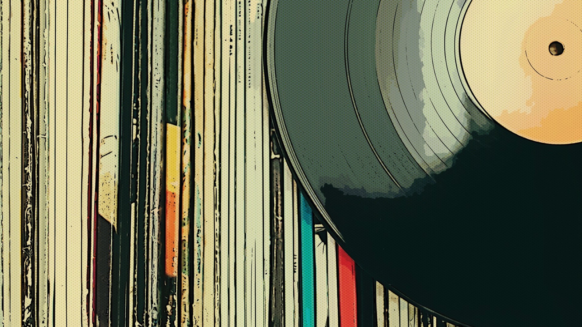 A vinyl record next to a number of record sleeves on a shelf