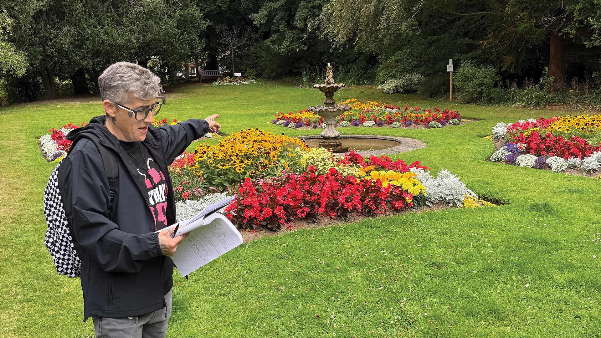Mandy shares historical facts in the gardens of Old Gala House, a 16th-century mansion that’s now a museum