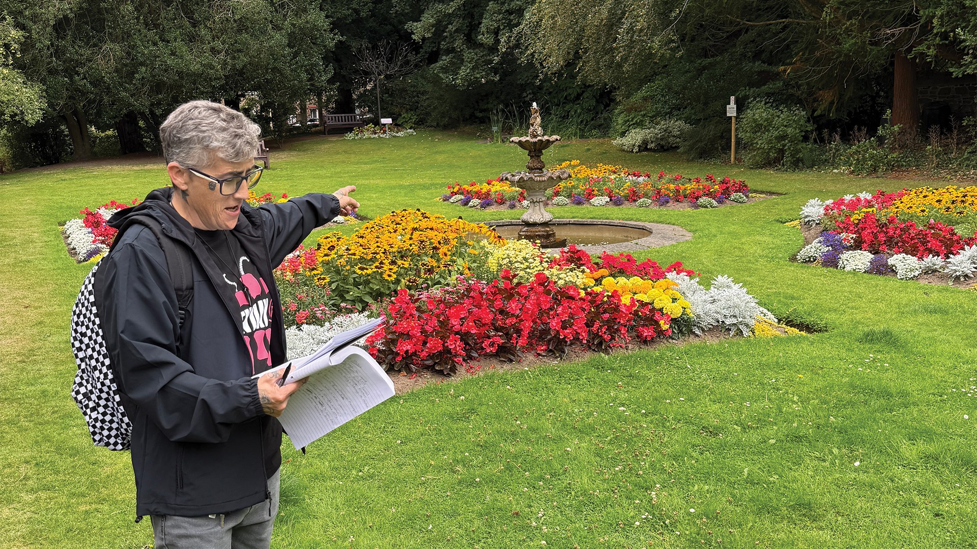Mandy shares historical facts in the gardens of Old Gala House, a 16th-century mansion that’s now a museum