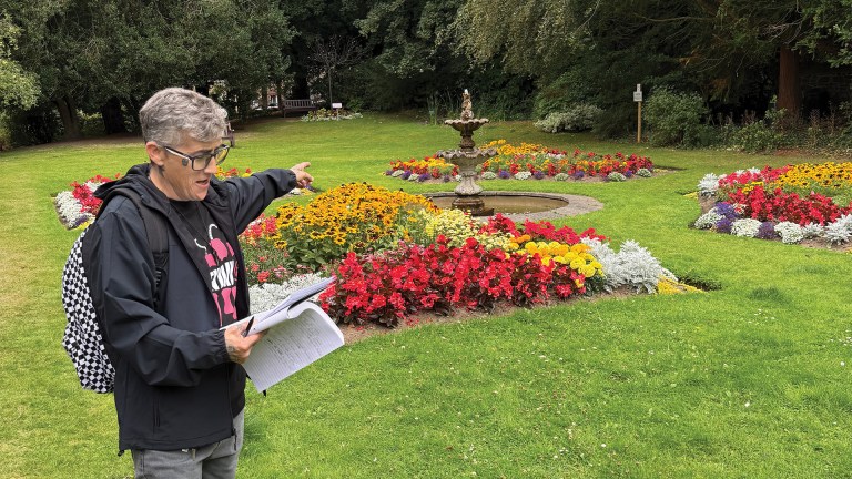Mandy shares historical facts in the gardens of Old Gala House, a 16th-century mansion that’s now a museum