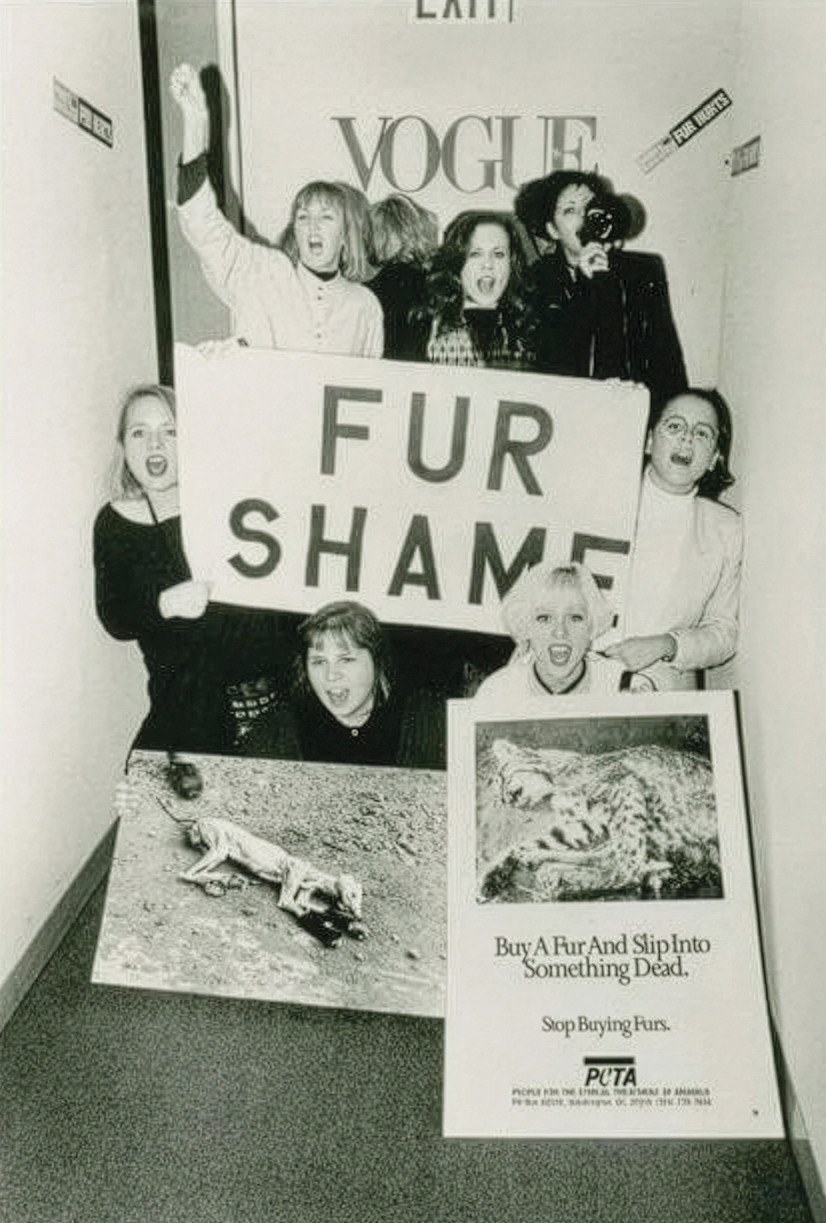 1993: Ingrid Newkirk and PETA members including Kate Pierson of the B-52's occupy Vogue
