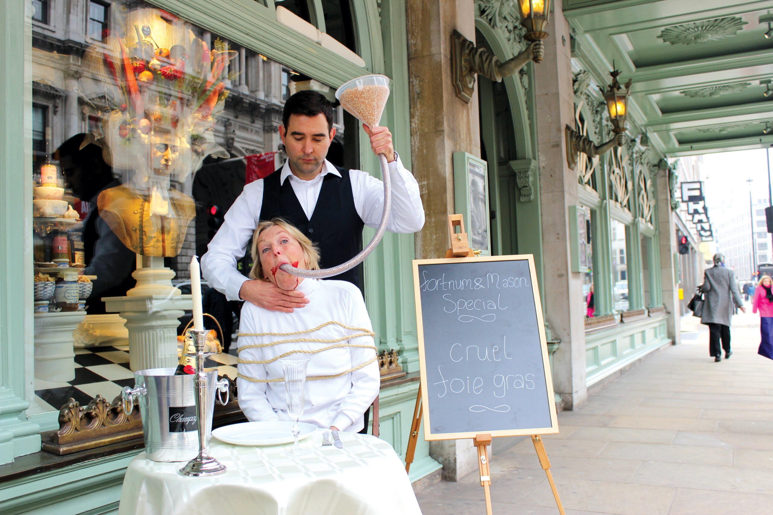 PETA founder Ingrid Newkirk in a protest against foie gras outside Fortnum & Mason