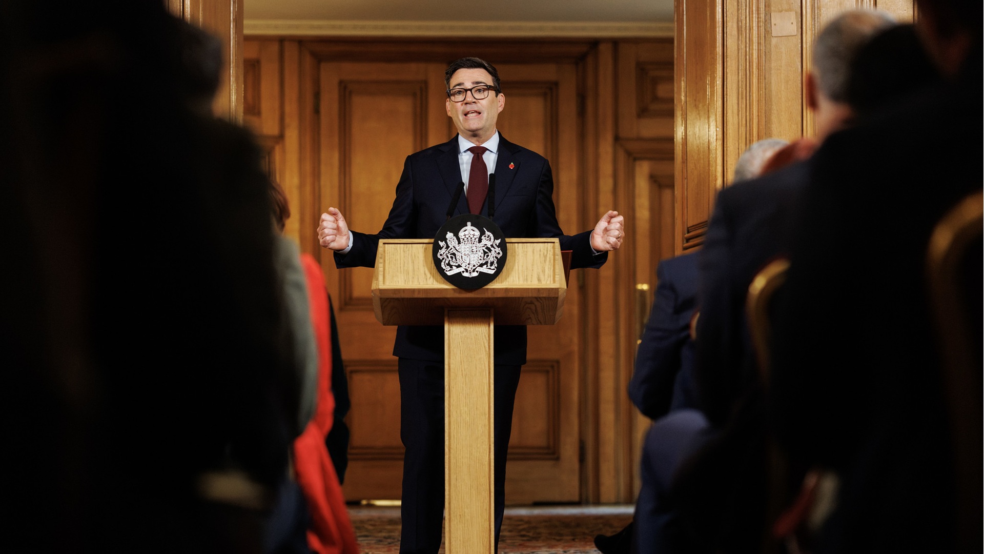 Prime Minister Andy Burnham delivers a speech as he hosts a rough sleeping summit in 10 Downing Street