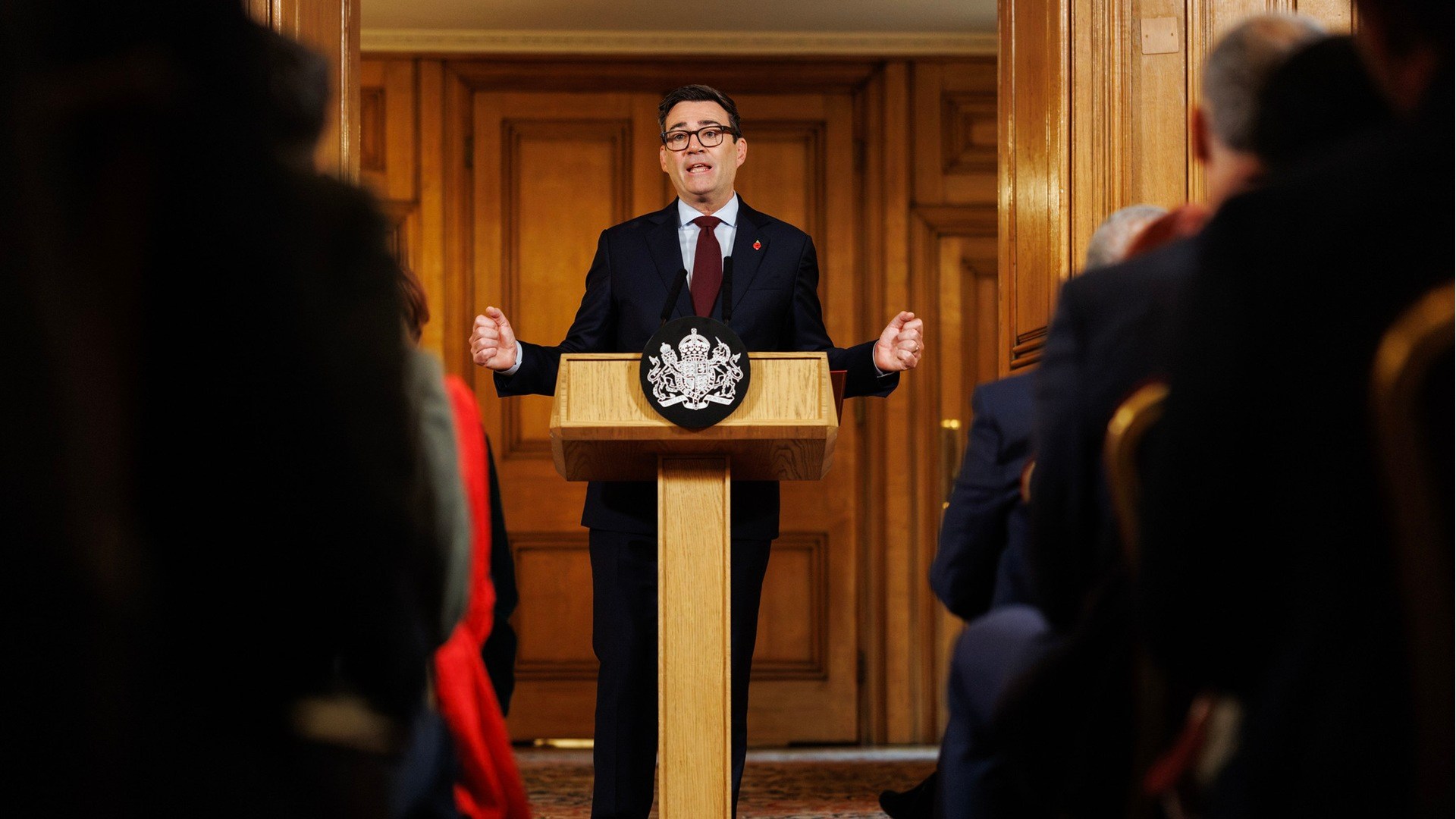 Prime Minister Andy Burnham delivers a speech as he hosts a rough sleeping summit in 10 Downing Street