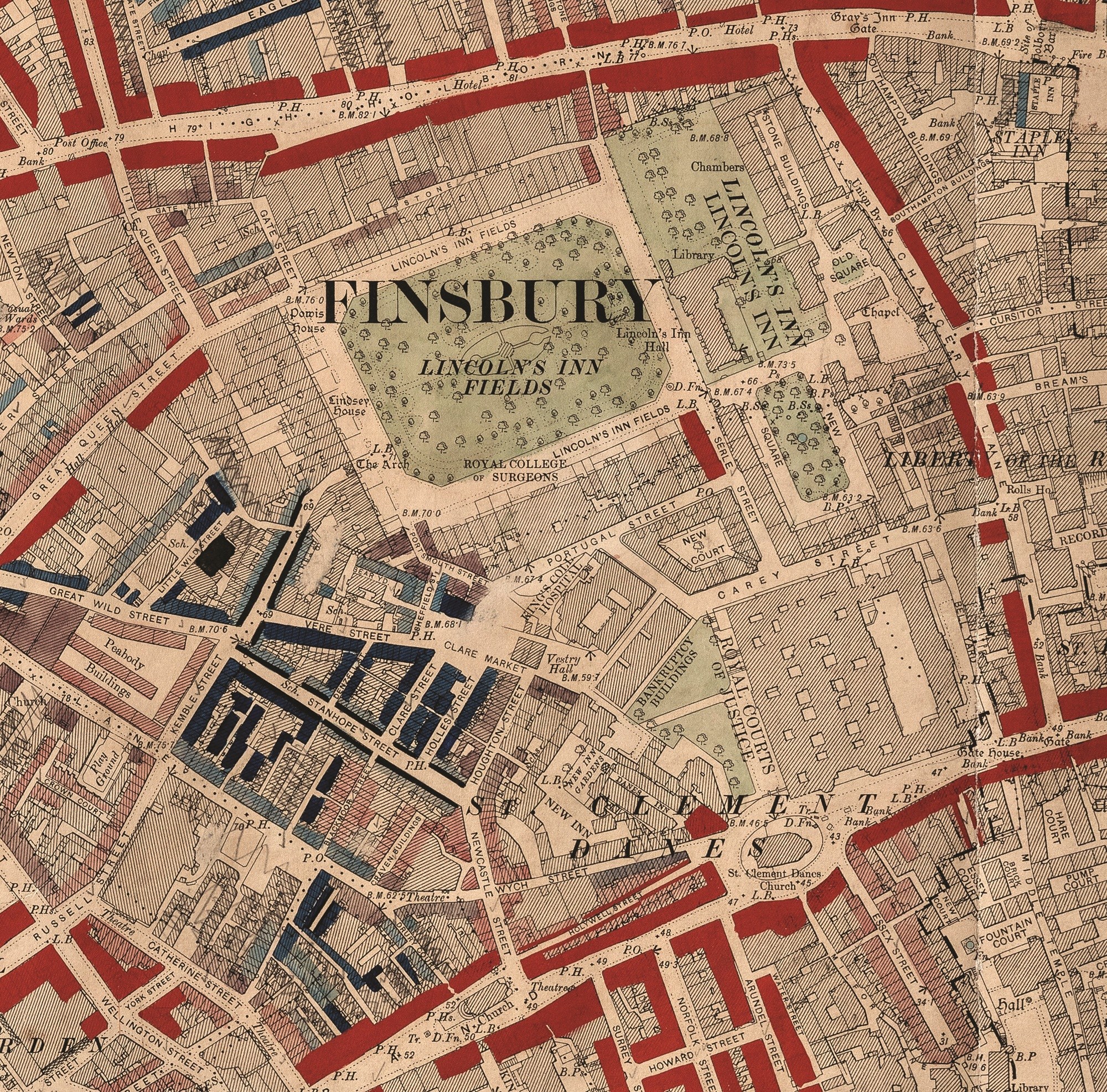 Charles Booth's 1889 colour-coded map of poverty in London, focusing on the Finsbury area