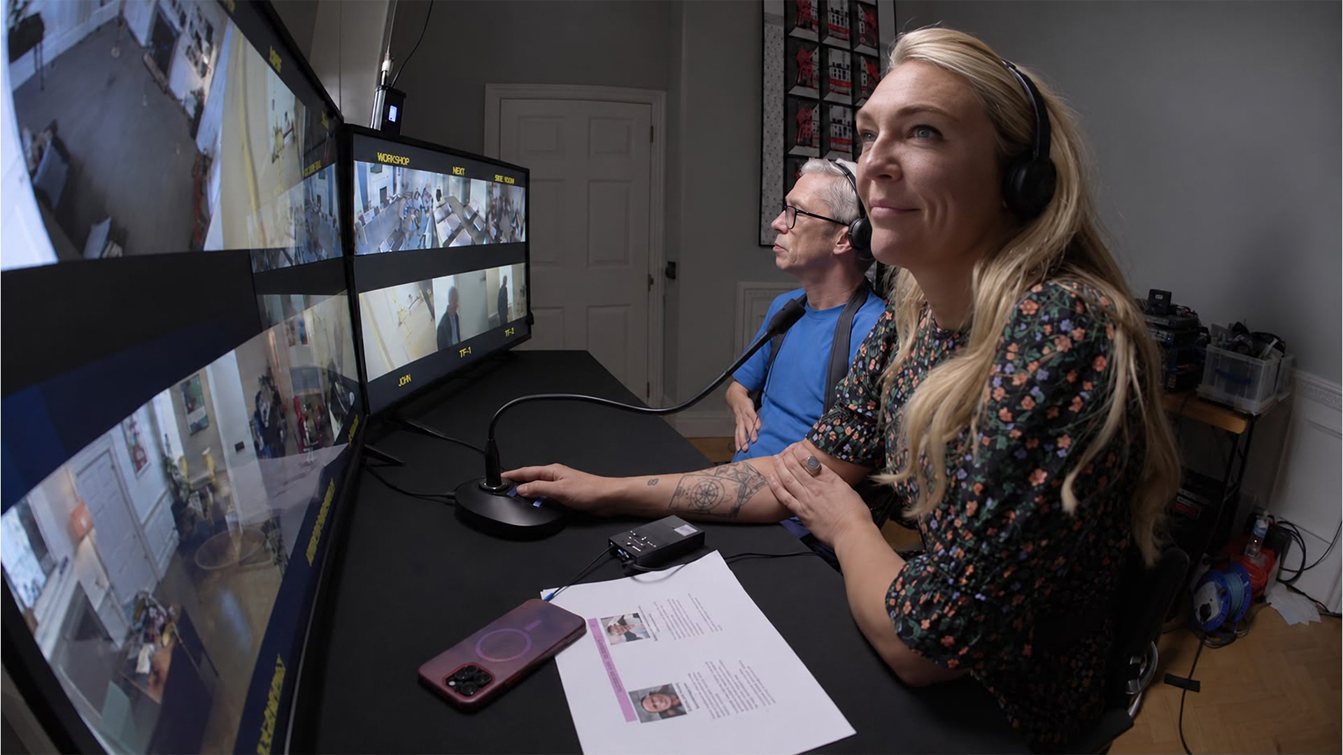 Mat Fraser and Sophie L Morgan watching CCTV cameras in The Experiment